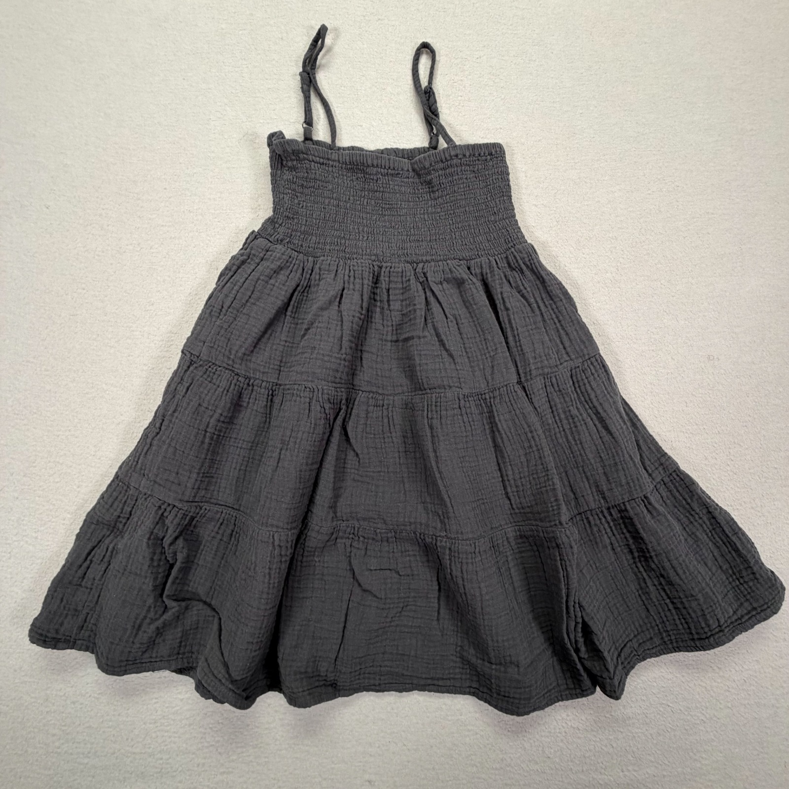 H&M Tiered Smocked Dress Girls Size 14 Good Charcoal Gray Cotton Gauze Boho